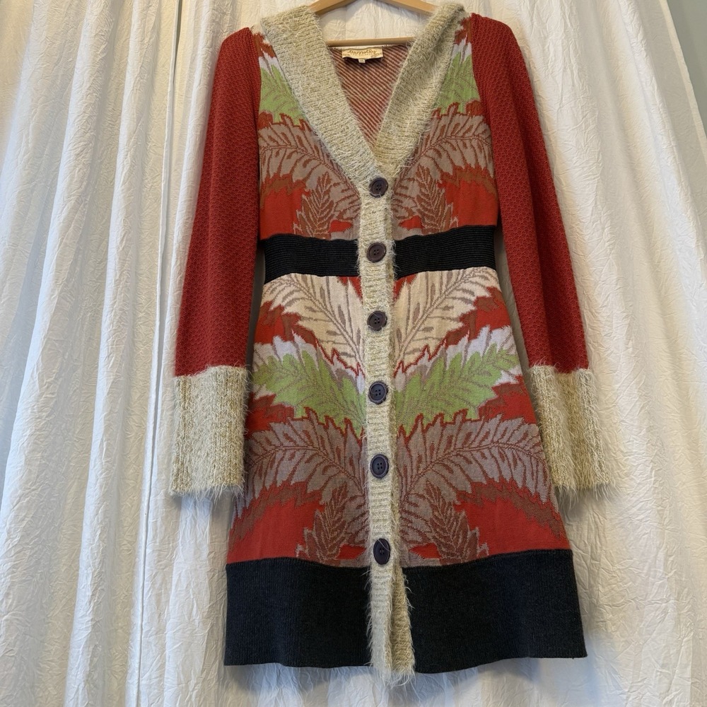 Anthropologie Lia Molly New Orleans Holiday Fern Hooded Cardigan XS Boho Artsy - Picture 13 of 14